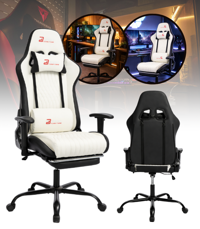 Ergonomická herní židle s opěrkou nohou a polohovacím mechanismem - bílá ekokůže
