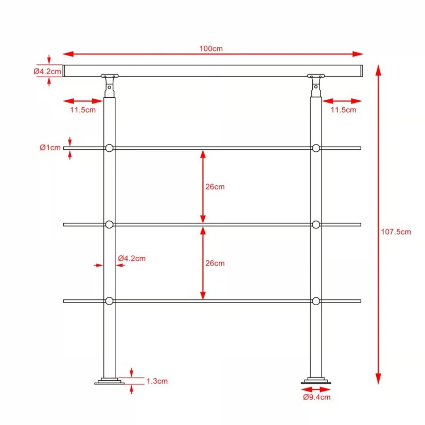 Corrimano per scale in acciaio inox con 3 pioli