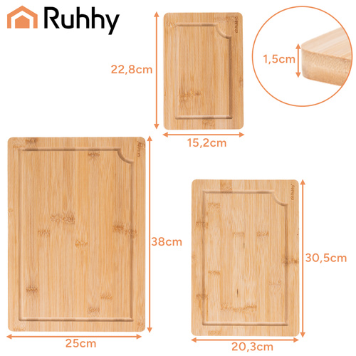 Sada 3 bambusových kuchynských dosiek so stojanom