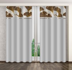 Klassischer grauer Vorhang mit einem Druck aus goldenen Ginkgoblättern