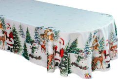 Vianočný obrus – biely so vzorom Santa Clausa, sobov a zimnej krajiny
