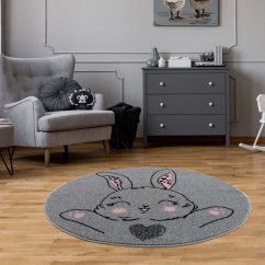 Dětský šedý kulatý koberec usměvavý zajko
