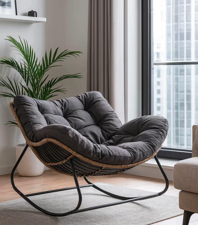 Relaxační houpací křeslo s šedým polštářem