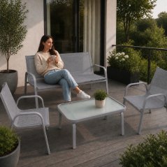 Zahradní sestava nábytku pro 4 osoby – pohovka, 2 křesla a stůl se skleněnou deskou