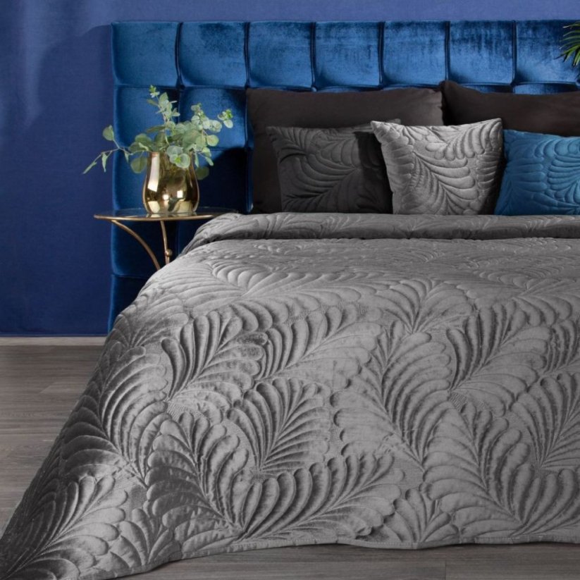 Cuvertură de pat din catifea gri strălucitoare, cu un motiv de frunze