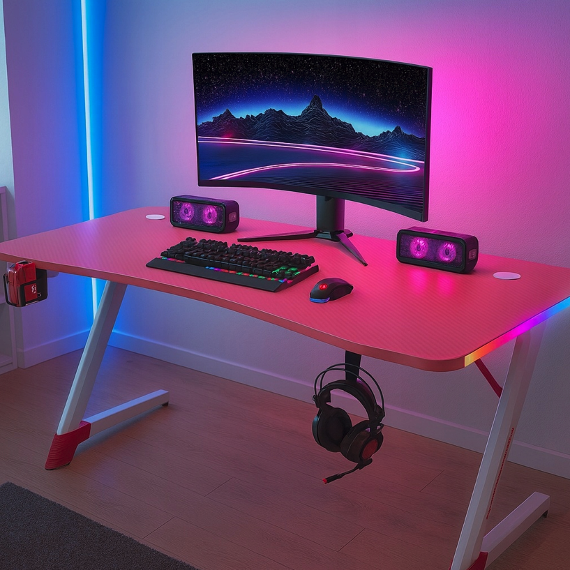 Ružový herný PC stôl s RGB LED osvetlením