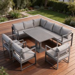 Velika kotna garnitura s fotelji in nastavljivo mizo XL-NM-2006 - siva + sive blazine