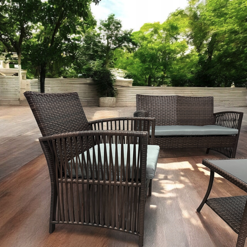 Set da giardino NM-02 in tecnicoratano di alta qualità - marrone scuro + cuscini grigi