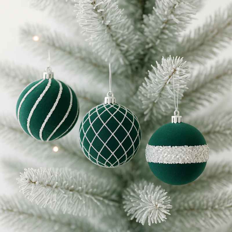 Súprava 9 zamatových vianočných gúľ v trendovej smaragdovej farbe