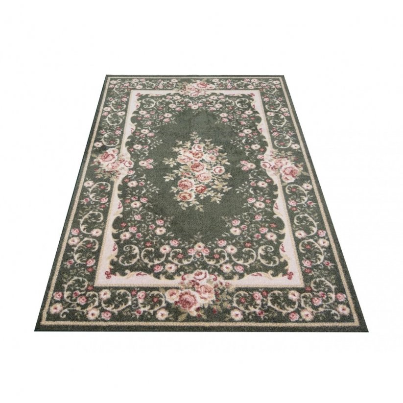 Класически зелен рустик килим с розови цветя