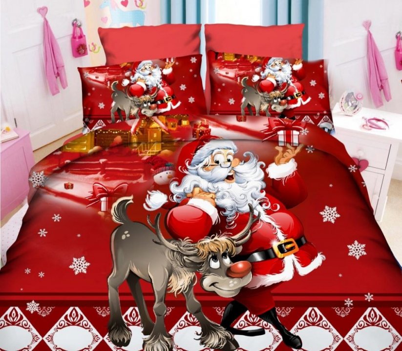 Červené Vianočné posteľné obliečky s mikulášom