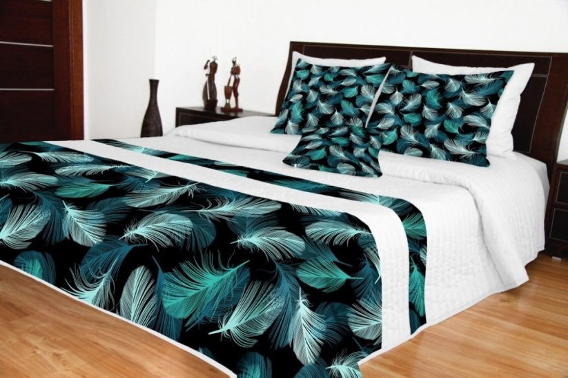Cuvertură de pat albă cu model turcoaz negru