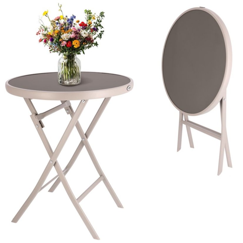 Masă pliabilă din metal, de culoare bej, pentru balcoane și terase, 60 cm, cu blat din sticlă