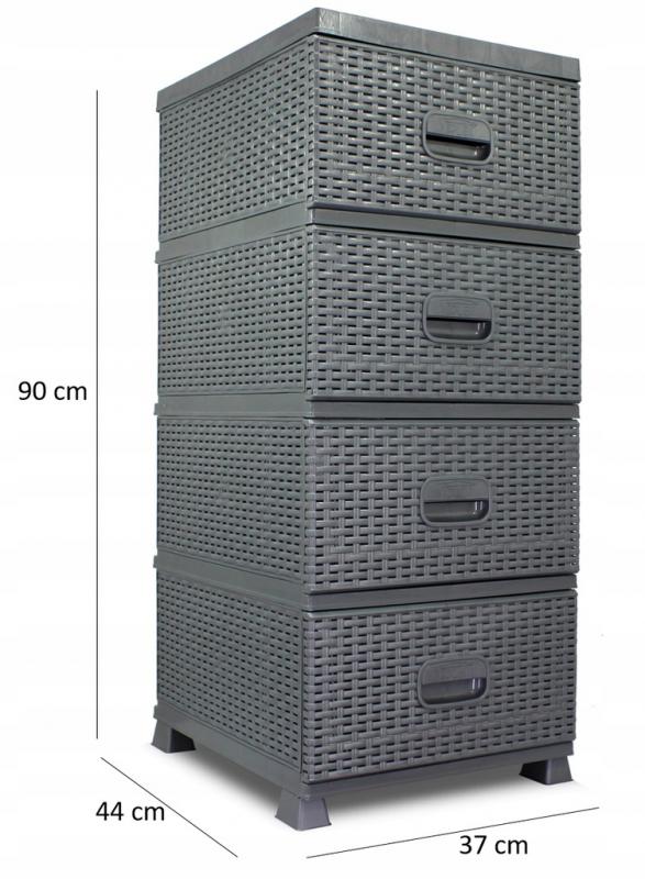 Čierna komoda s ratanovým dizajnom so 4 zásuvkami