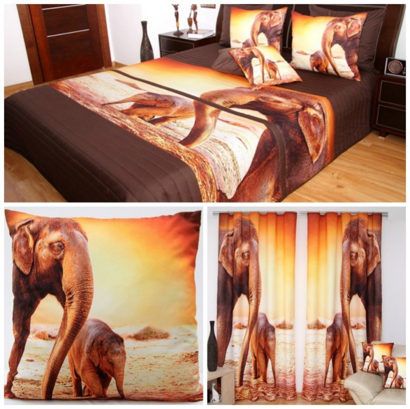 3D hnedo-oranžová  sada do spálne so slonom a sloníčaťom