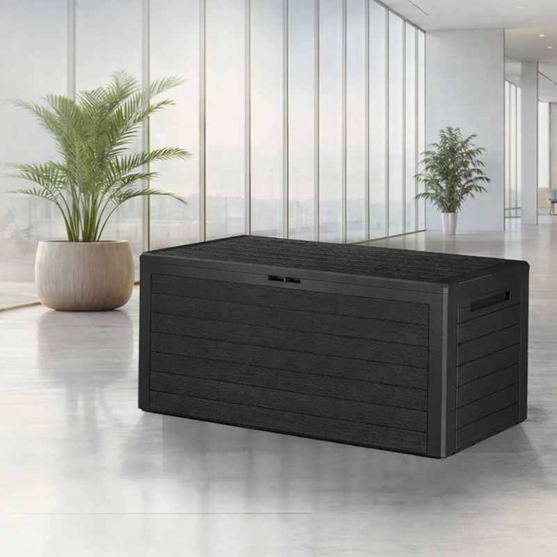 Ladă de depozitare pentru grădină Woody 280 l - antracit, aspect lemn, impermeabilă