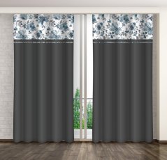 Temno siva dekorativna zavesa s potiskom preprostih modrih cvetov