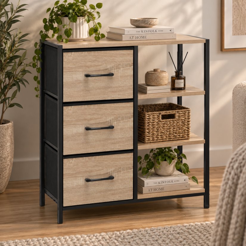 Комод с 3 чекмеджета, облицовани с плат, и рафтове, 70 x 30 x 80 см