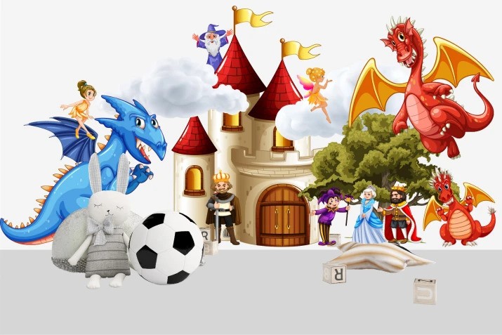 Autocolant pentru copii dragoni la castel - Mărimea: 80 x 160 cm