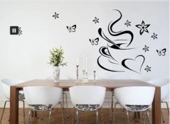 Adesivo da parete per cucina tazza da caffè con cuore e farfalle