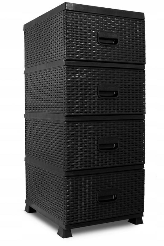 Čierna komoda s ratanovým dizajnom so 4 zásuvkami