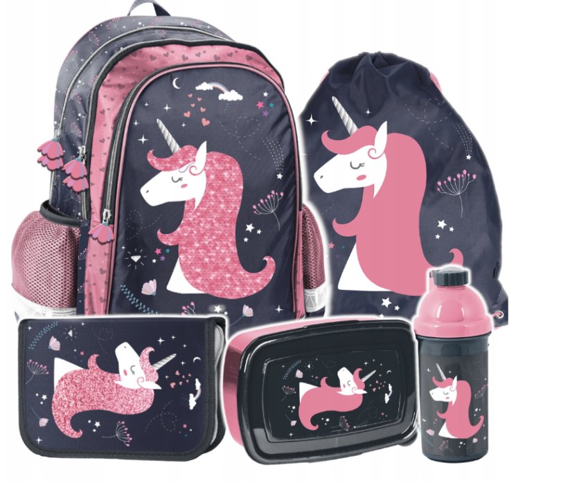 Set școlar în 5 părți pentru fete cu motiv de unicorn