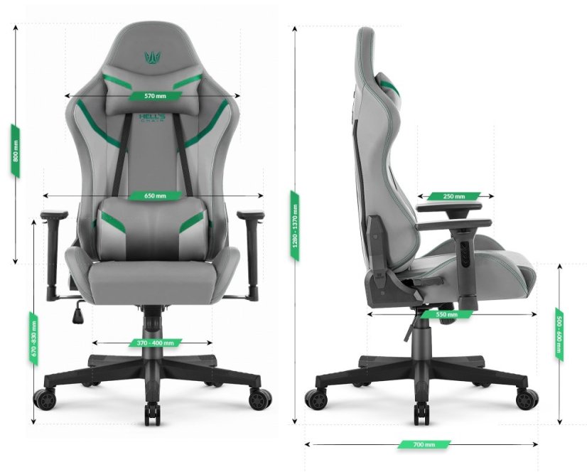 Ergonomická herní židle HC-2002 s nosností 150 kg – šedá se zelenými detaily