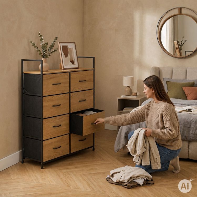 Comodă cu 8 sertare din material textil și cadru metalic 107 x 80 x 24 cm