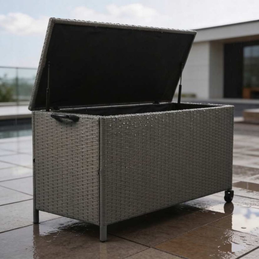 Šedý zahradní úložný box z technorattanu