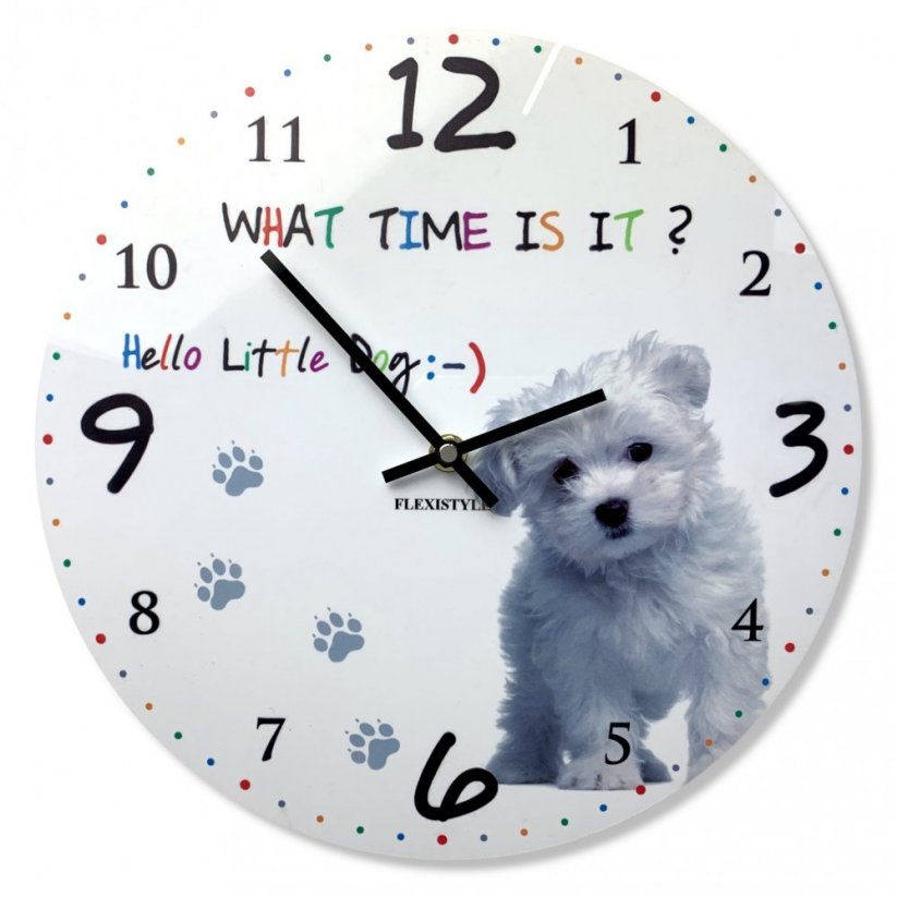 Orologio da parete per bambini di qualità 30 cm con un cucciolo bianco