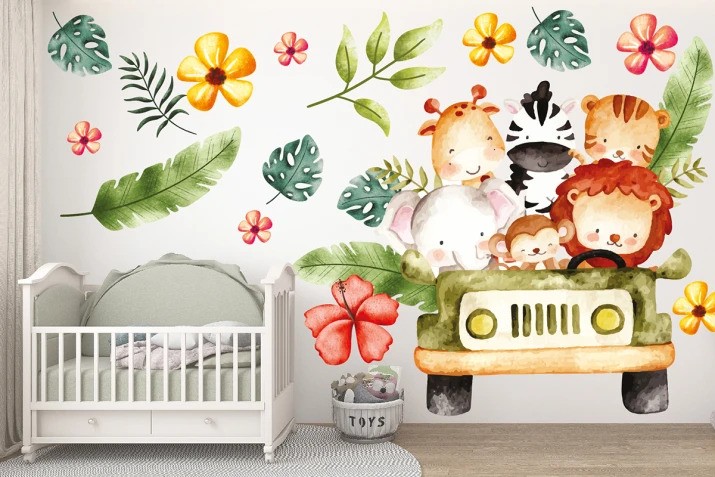 Adesivo murale per bambini "animali da safari in viaggio in auto!