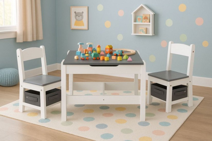Praktikus 2in1 gyermekasztal két székkel és tárolóhellyel