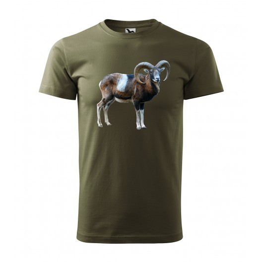 Bavlnené pánske tričko s potlačou muflóna - Farba: Military, Veľkosť: M