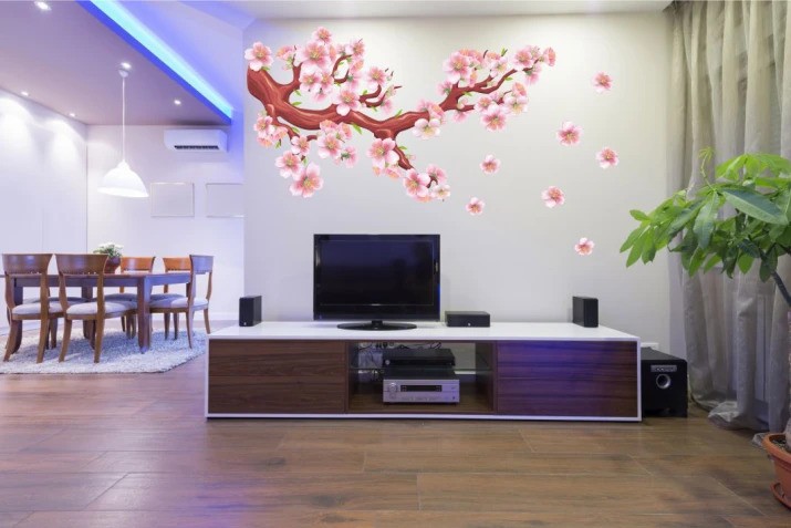 Autocolant de perete pentru interior ramură înfloritoare cu flori roz - Mărimea: 50 x 100 cm