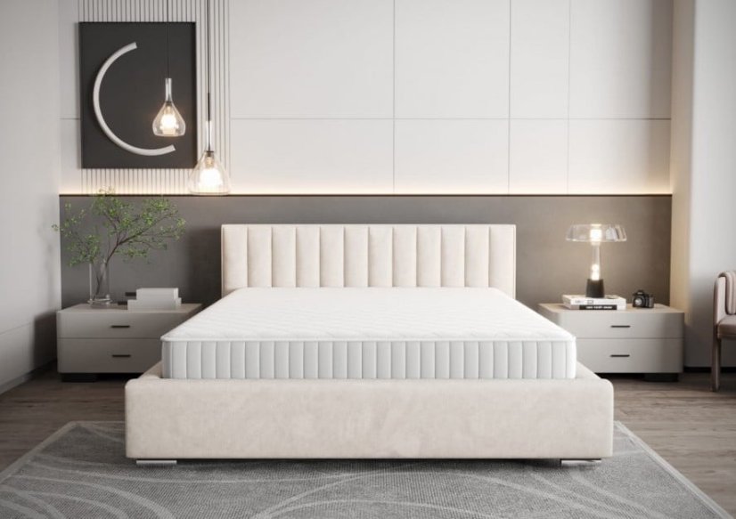 Moderní čalouněná postel s vertikálním prošíváním na čele v krémové barvě 180 x 200 cm Moderní čalouněná postel s vertikálním prošíváním na čele v krémové barvě 180 x 200 cm