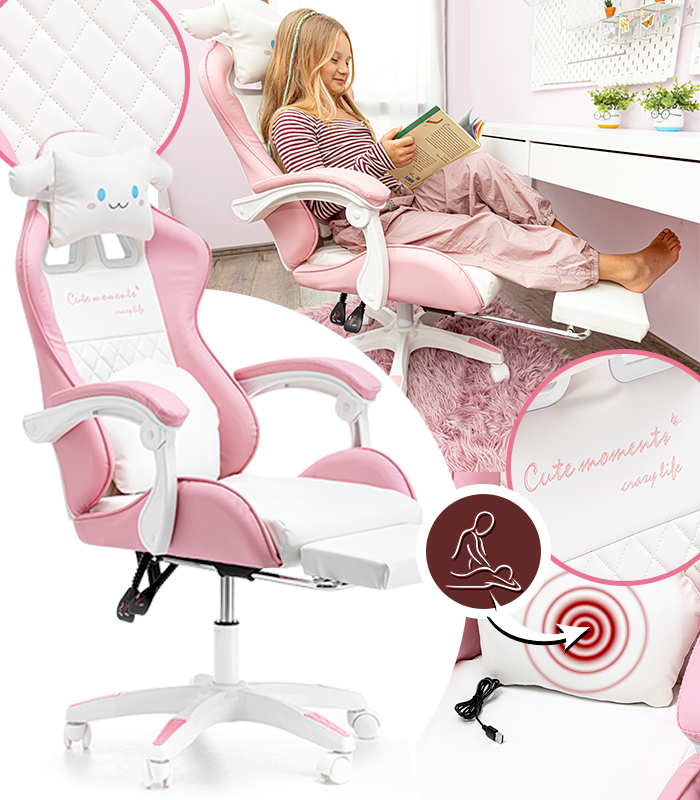 Kinder-Gaming-Stuhl mit Fußstütze und Massage-Rückenlehne - rosa