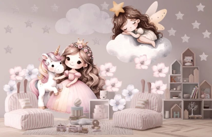 Samolepka na zeď do dětského pokoje, školky a jeslí - princezna a jednorožec