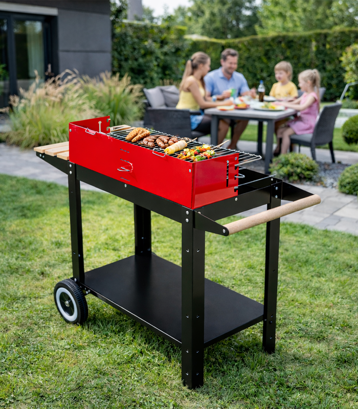 Kerekes kerti faszenes grill kerekekkel és polcokkal 87 x 35 x 80 cm