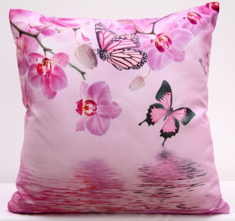 Povlak na polštář růžové barvy s orchidejemi a motýly