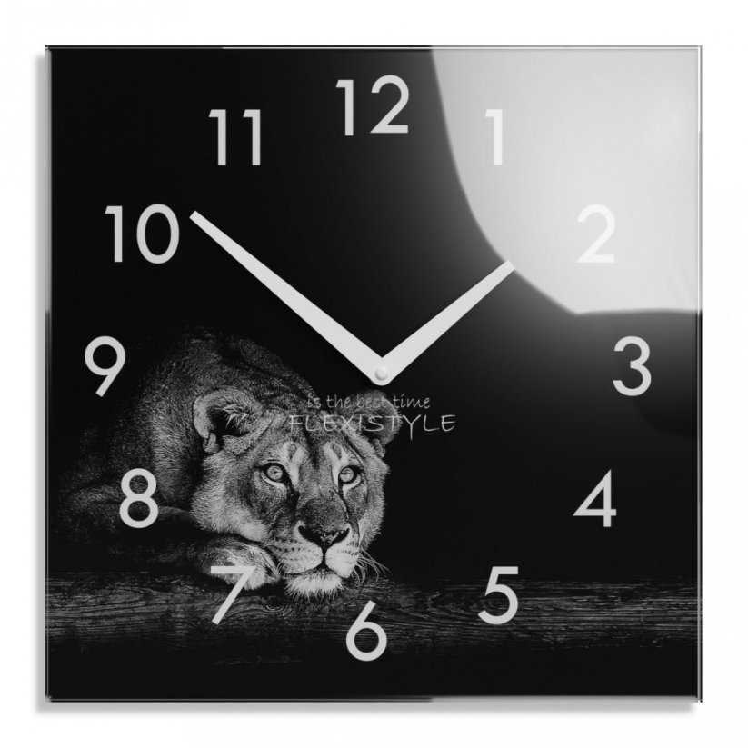 Dekoračné čierno biele sklenené hodiny 30 cm s motívom levice