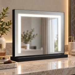 Černé kosmetické zrcátko v hollywoodském stylu s LED osvětlením a dotykovým ovládáním – 50 x 40 cm