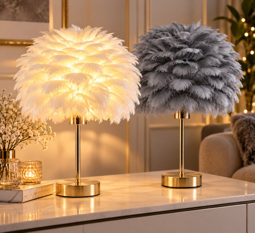 O lampă de masă elegantă cu LED și abajur din pene