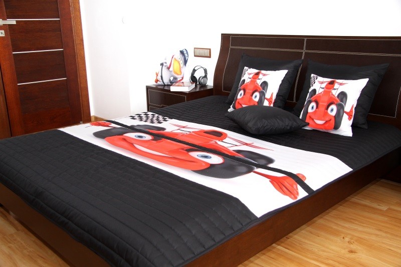 Cuvertură de pat neagră pentru copii cu model formulă roșie