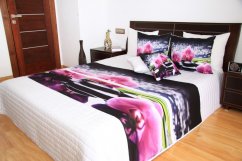 Cuvertură de pat 3D albă cu orhidee roz
