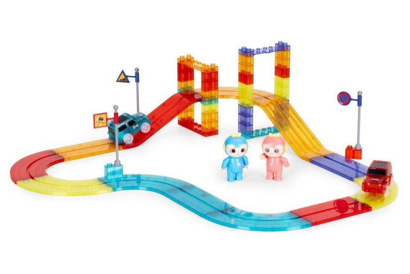 Magnetická stavebnica pre deti – 154-dielna stavebnica s autíčkami a LED podsvietením