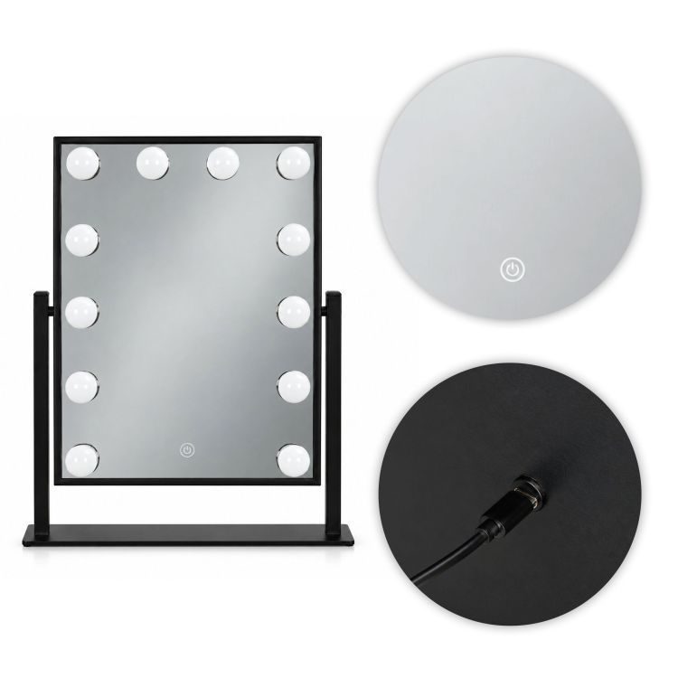Černé kosmetické zrcátko v hollywoodském stylu s LED osvětlením a dotykovým ovládáním – 30 x 40 cm
