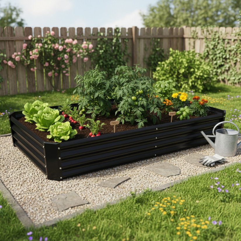 Strat înălțat dreptunghiular din metal, culoare antracit 180 x 90 x 30 cm