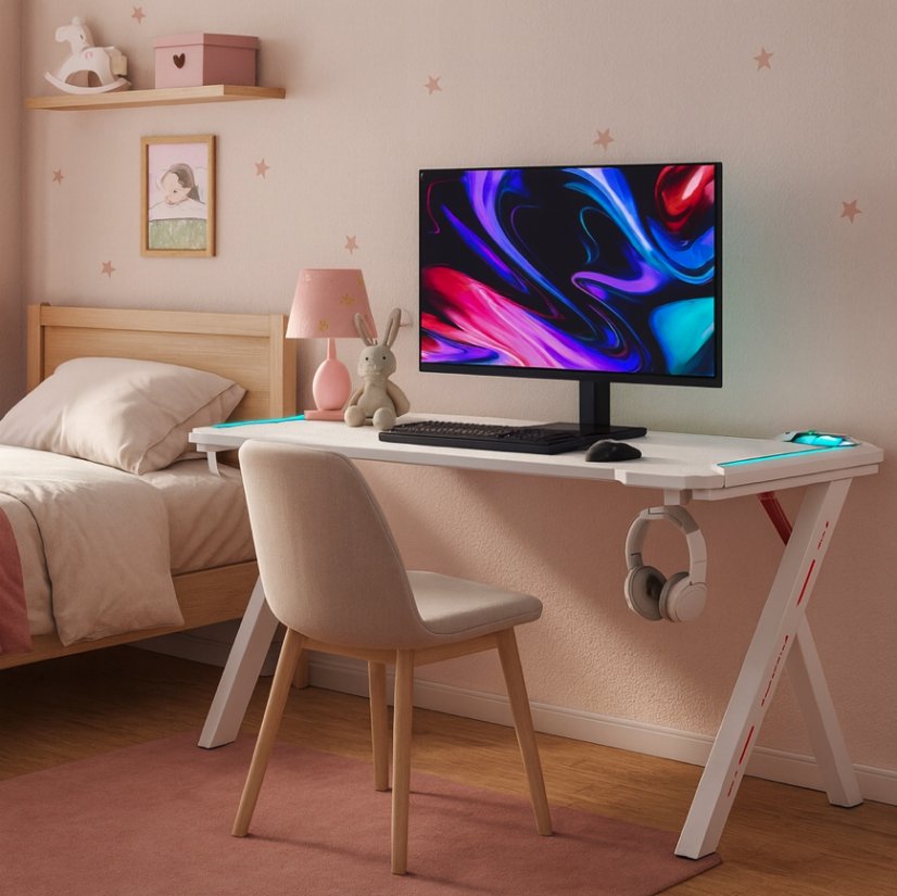 Gamingový stôl s RGB LED podsvietením biely