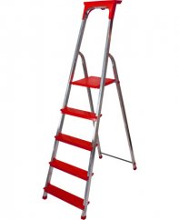 Алуминиева стълба с 5 стъпала и капацитет 150 кг, червена