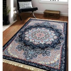 Modrý vzorovaný vintage koberec s třásněmi